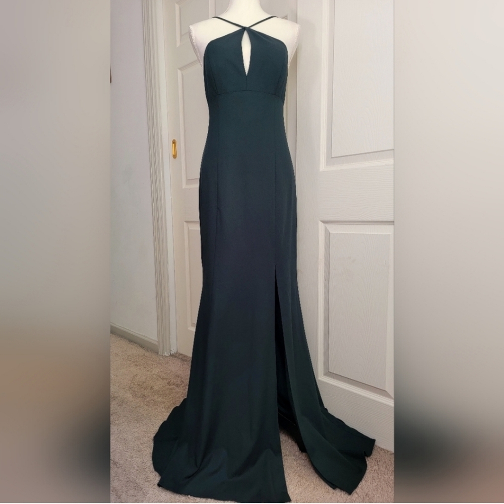 Amsale Hunter Green Halter Neck Mermaid Gown Bridesmaid Maxi Dress High Slit 6 - Picture 2 of 14